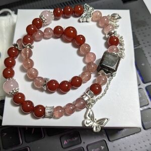 Elegant Red and Pink Beaded Bracelet Set